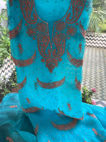 Peacock Blue Noor Organza Silk Chikankari Unstitched Kurta Dupatta Set
