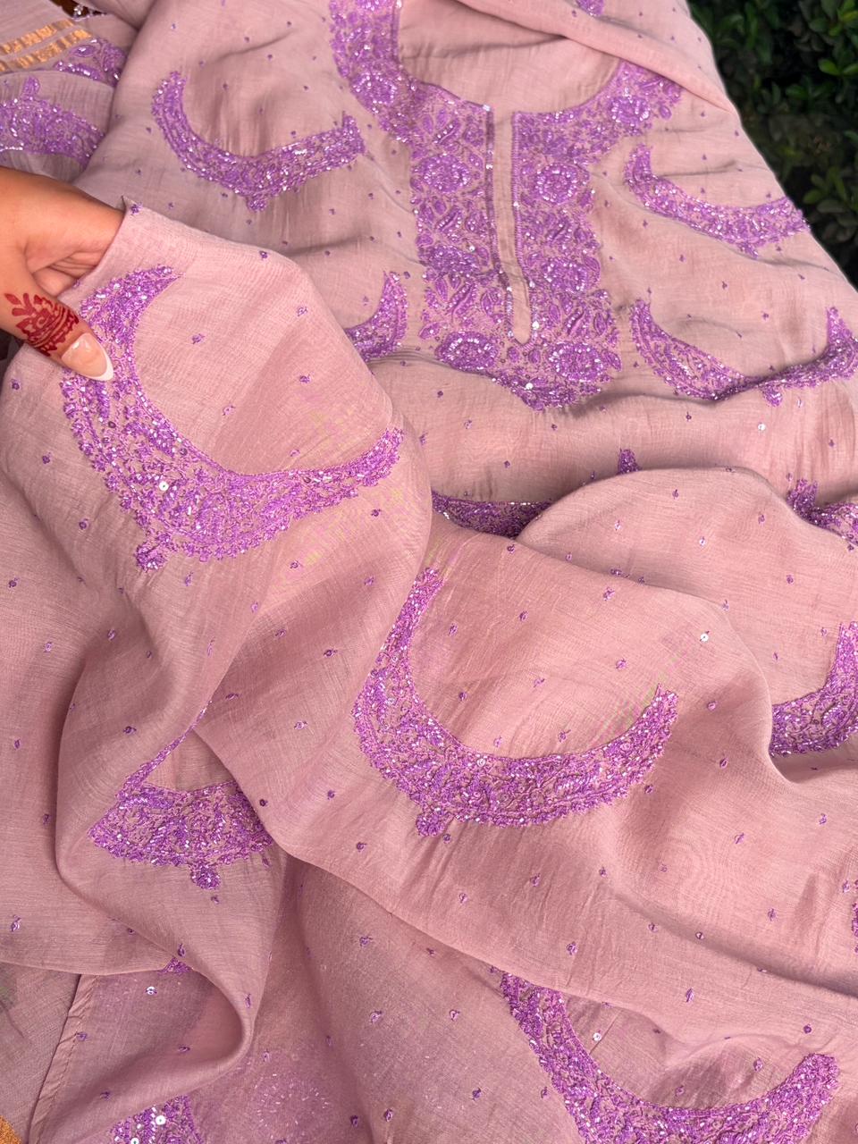 Latte Purple Crescent Chandbala Chikankari Unstitched Fabric