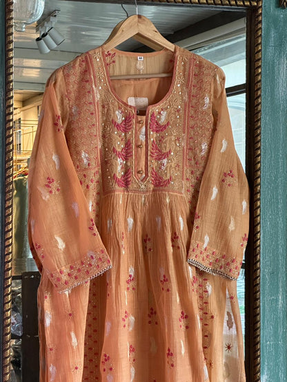 Orange Peach Shade Zari Chanderi Chikankari Ready to Wear Tunics