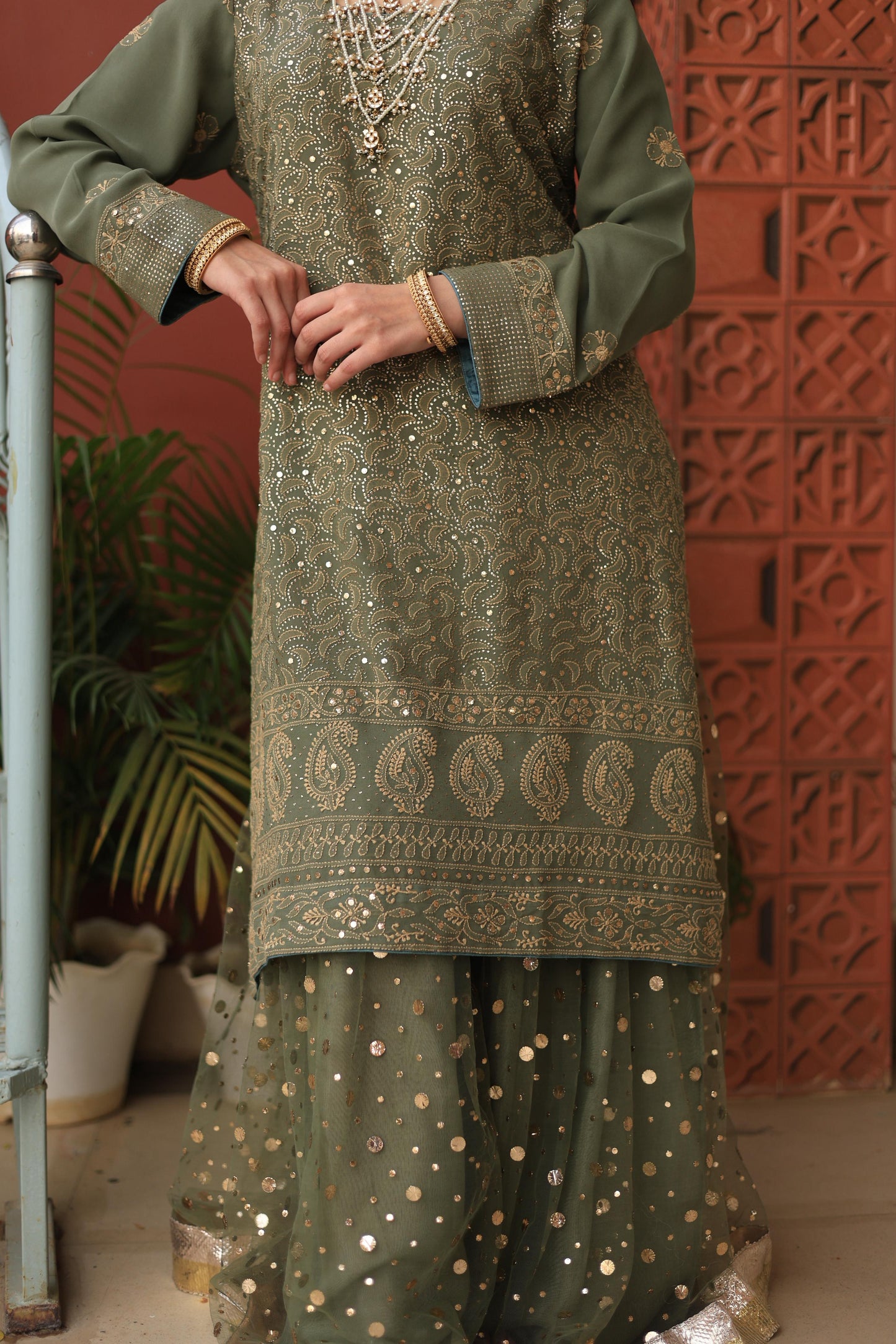 Mehndi Green Chikankari Pure Georgette Kurta Gharara Set with Kalamkari Dupatta