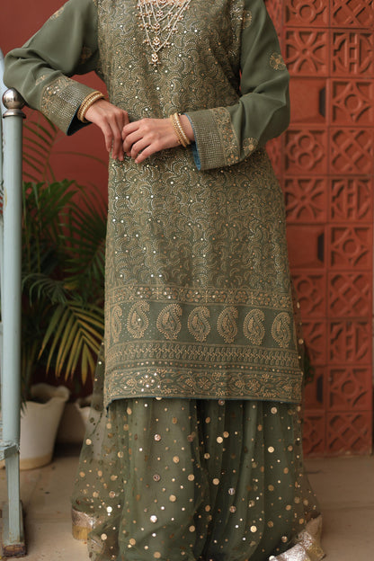 Mehndi Green Chikankari Pure Georgette Kurta Gharara Set with Kalamkari Dupatta