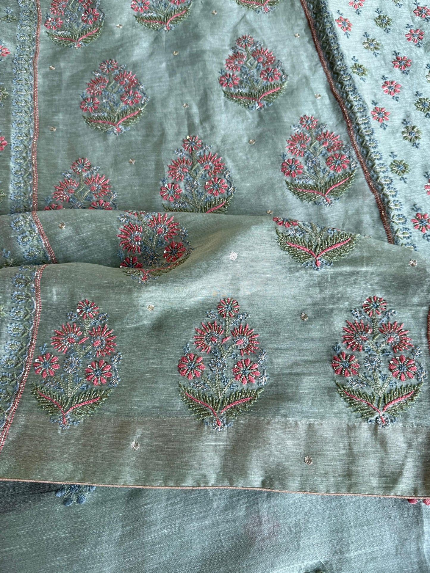 Mint Green Linen Silk Chikankari With Ari Work Unstitched Kurta Dupatta Set