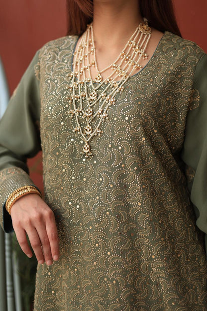 Mehndi Green Chikankari Pure Georgette Kurta Gharara Set with Kalamkari Dupatta