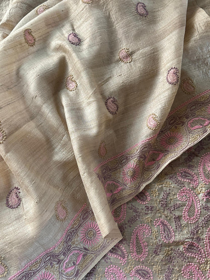 Natural Shade Tussar Silk Chikankari Fabric