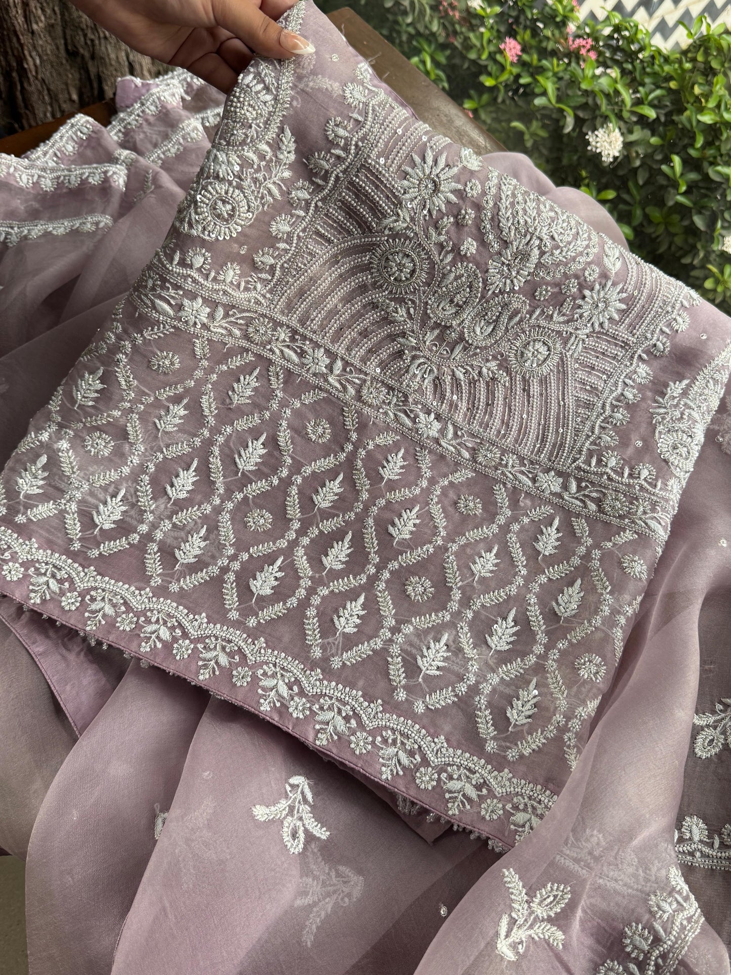 Old Lavender Shade Noor Banarasi Organza Chikankari Unstitched Fabric
