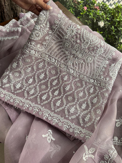 Old Lavender Shade Noor Banarasi Organza Chikankari Unstitched Fabric