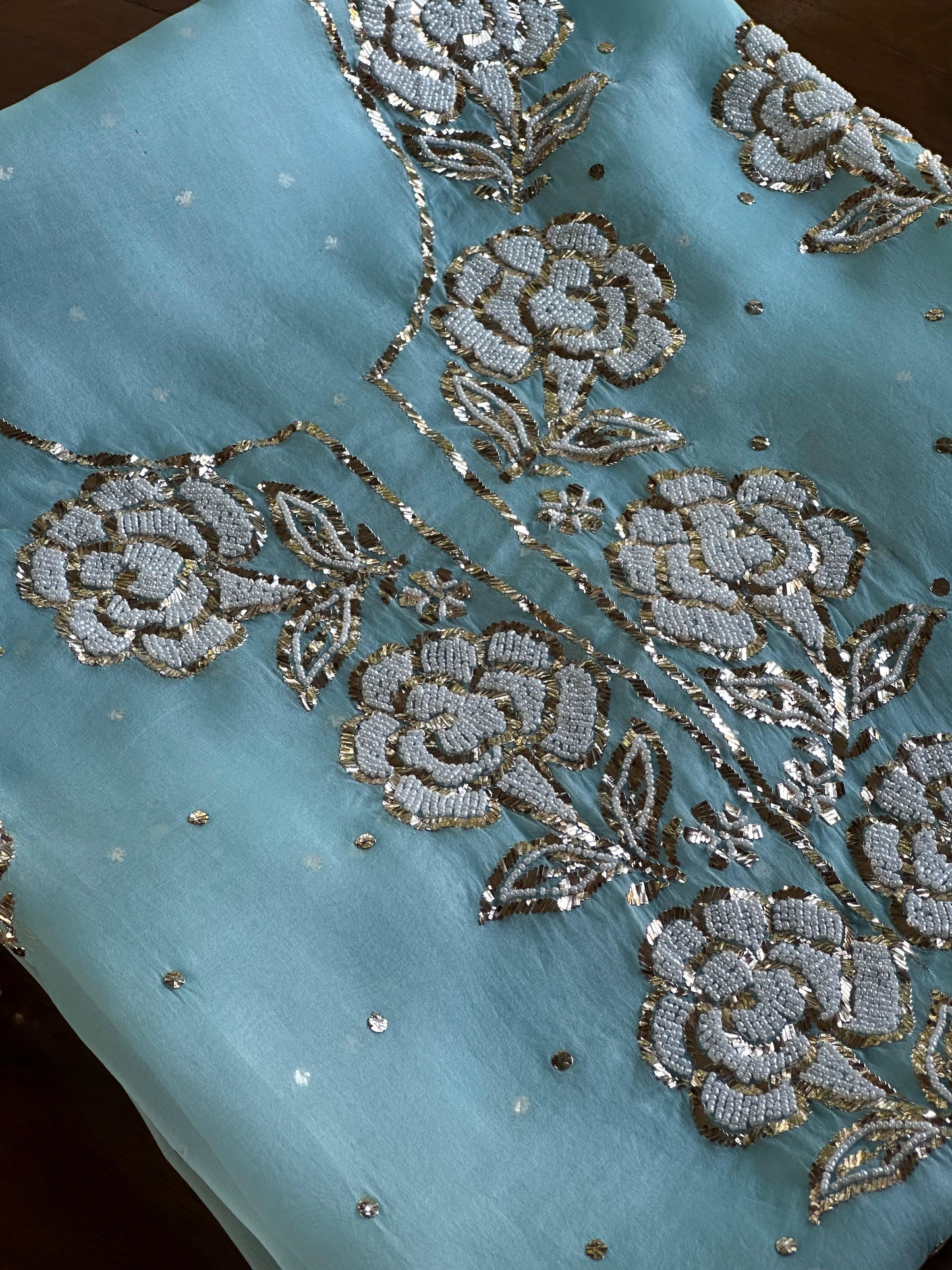 Blue Noor Organza Silk Mukaish Pearl Chikankari Unstitched Fabric