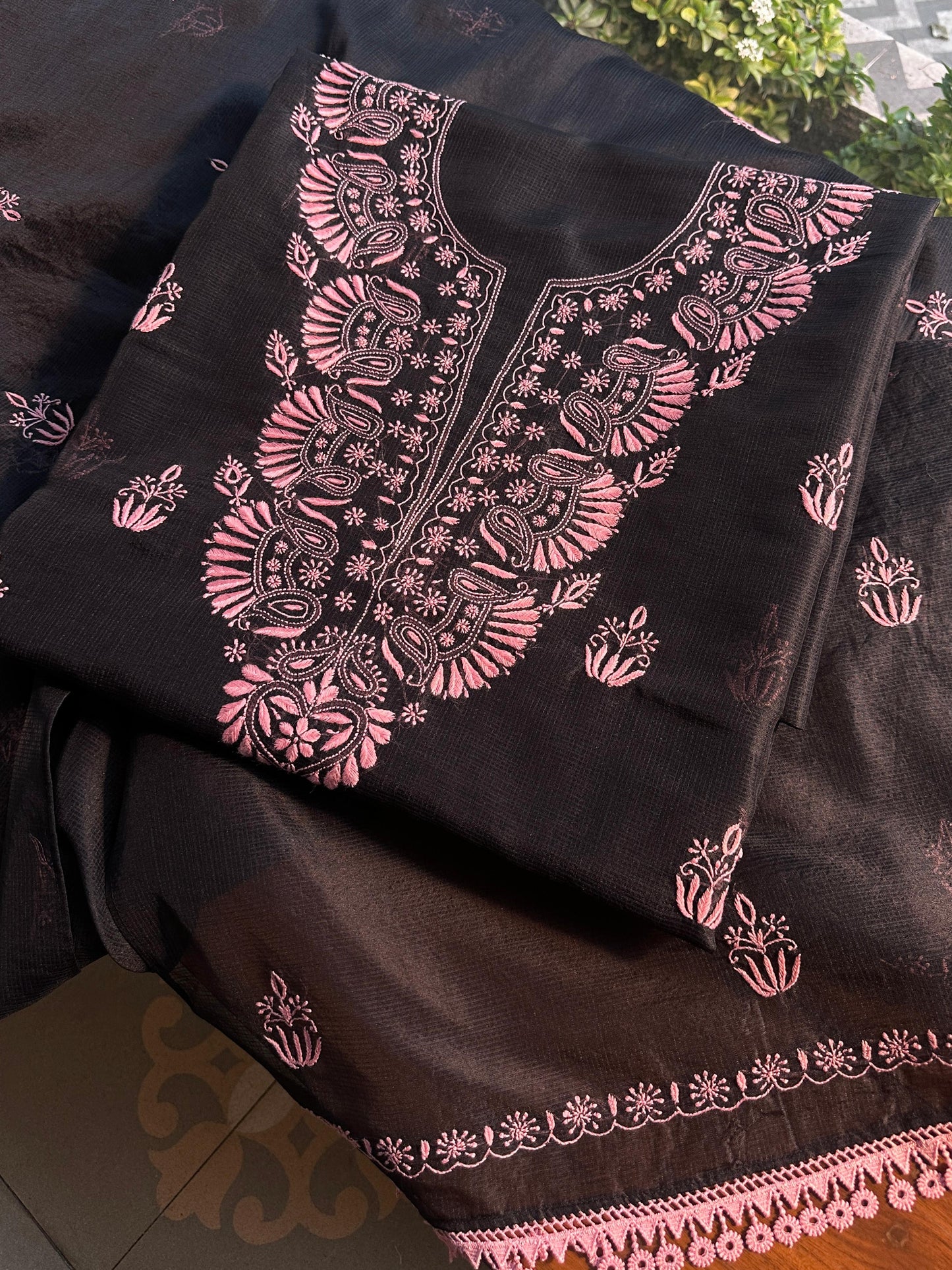 Black & Pink Kota Chikankari Unstitched Fabric