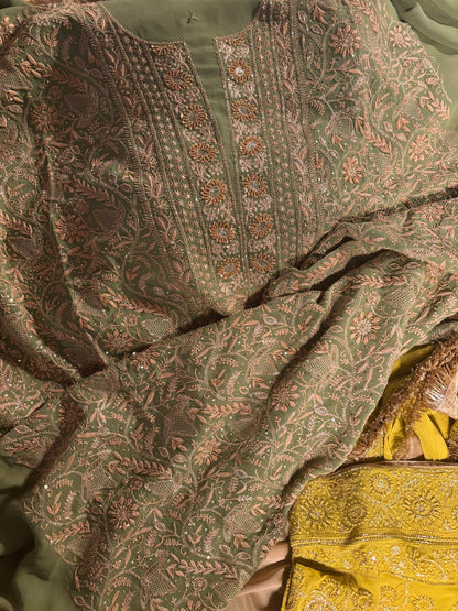 Green Superfine Pure Georgette Chikankari Kurta Set