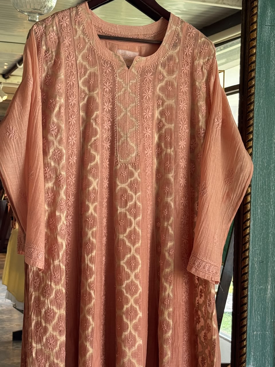 Coral Peach Zari Chanderi Chikankari A Line Kurta with Slip