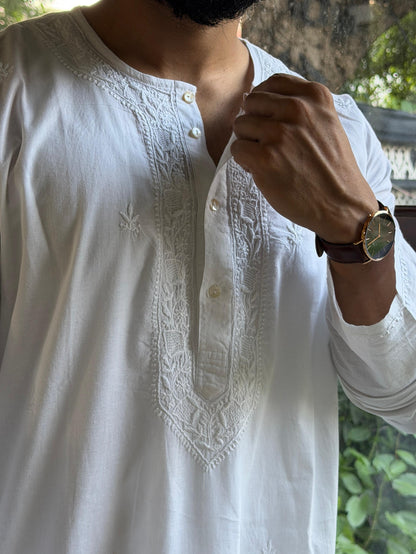 White Fine Chikankari Men's Cotton Kurta