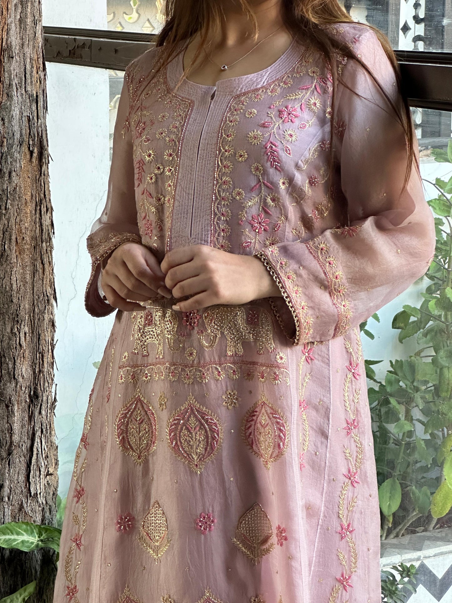 Mauve Pink Shade Noor Organza Chikankari A Line Kurta With Dupatta