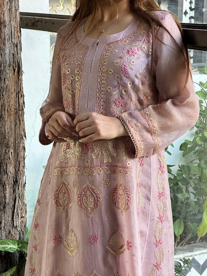 Mauve Pink Shade Noor Organza Chikankari A Line Kurta With Dupatta