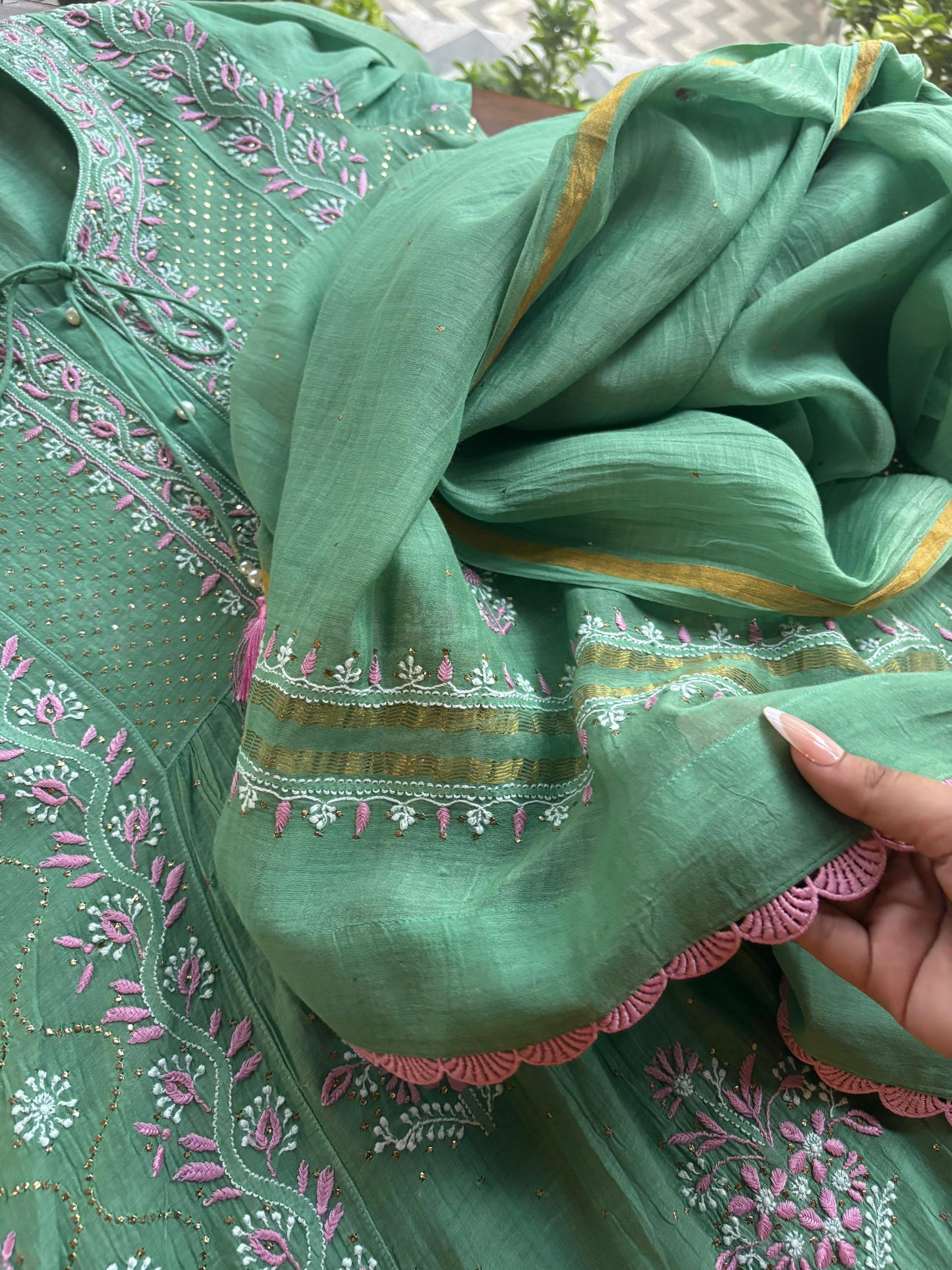 Green & Soft Pink Shade | Malmal Mukaish Kamdani Chikankari Stitched Kurta Dupatta Set