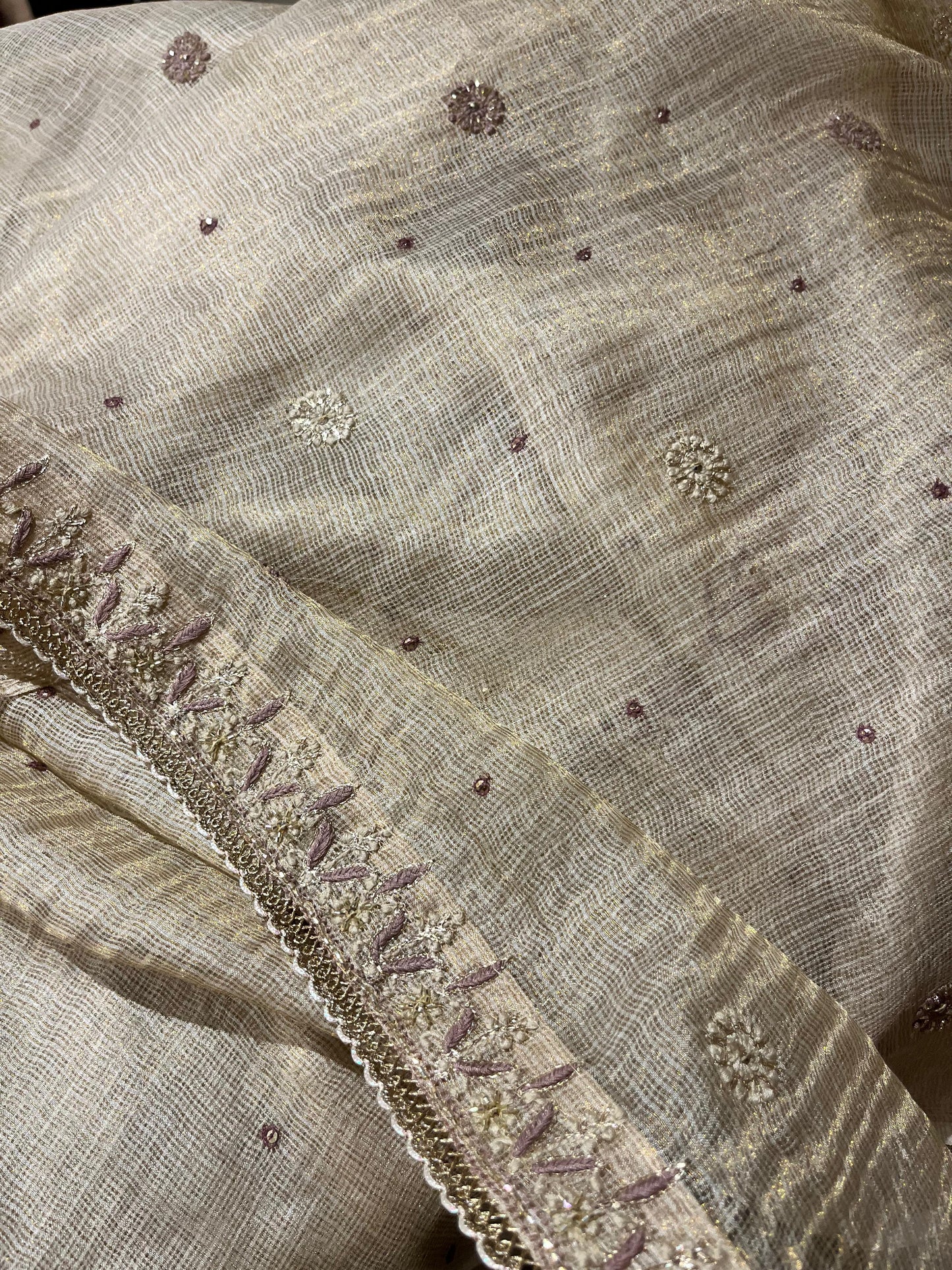 Beige Mauve Tissue Kota Chikankari Unstitched Fabric