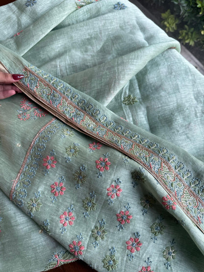 Mint Green Linen Silk Chikankari With Ari Work Unstitched Kurta Dupatta Set