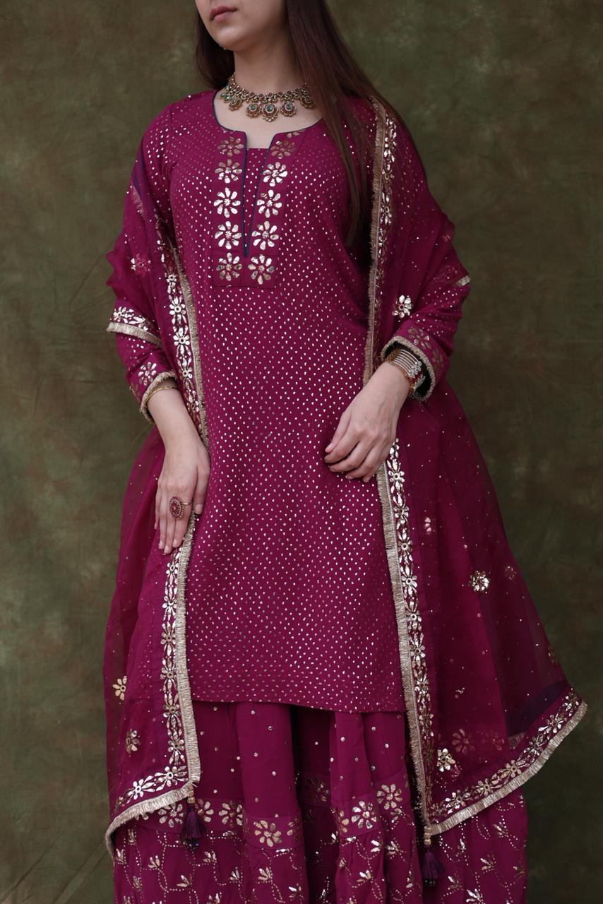 Mukaish Kamdani Plum shade Pure Georgette Kurta Gharara Set with Organza Dupatta