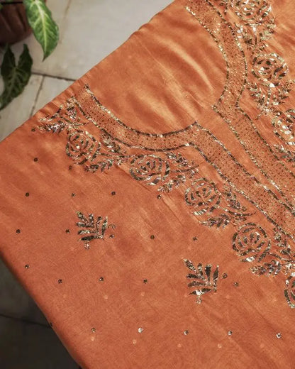 Orange Chanderi Silk Mukaish Badla Unstitched Fabrics