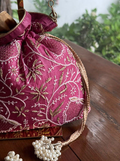Plum Pink Silk Chikankari Ari & Kasab Work Potli Bag