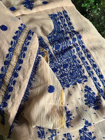 Beige & Blue Mal Chanderi Silk Chikankari With Sequins Unstitched Kurta Dupatta Set