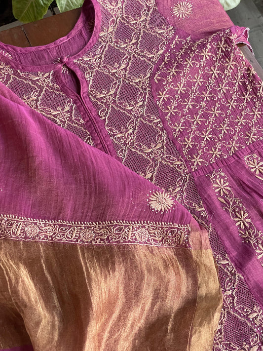 Solid Pink Shade | Tissue Silk Chikankari Jaali Work Kurta Set