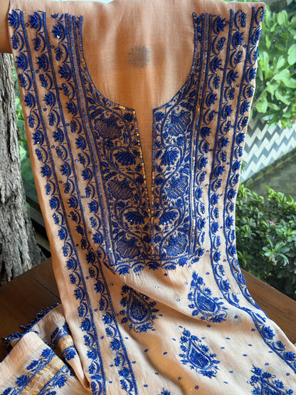 Beige & Blue Mal Chanderi Silk Chikankari With Sequins Unstitched Kurta Dupatta Set
