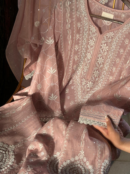 Pink Shade Malmal Pearl Work Chikankari Anarkali