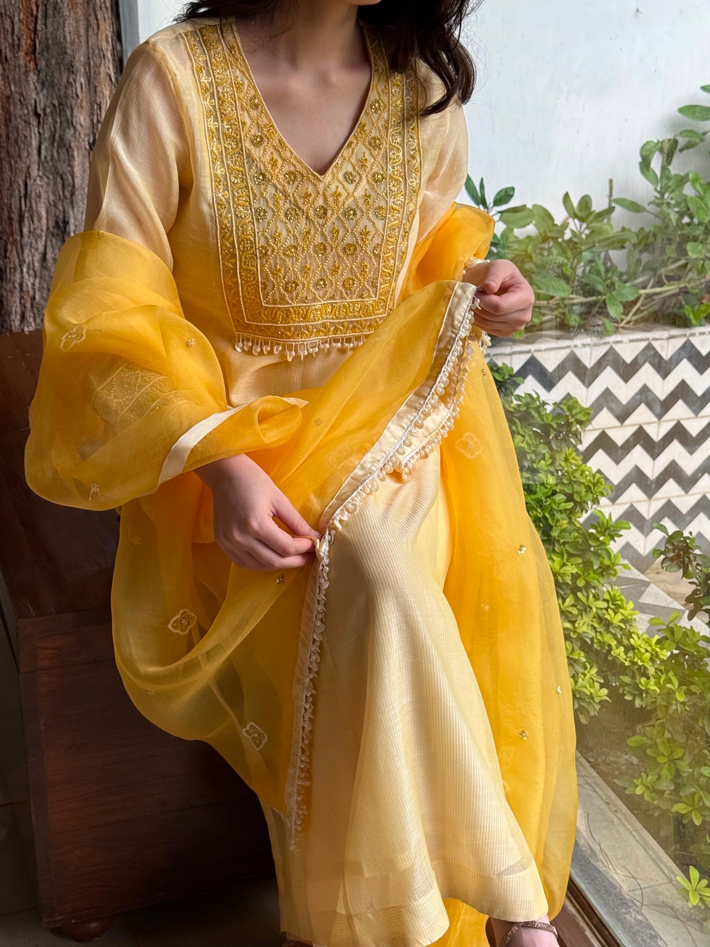 Butter Yellow Maheshwari Chikankari Kalidar Kurta Set