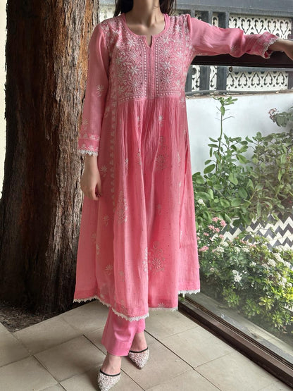 Pink Shade Malmal Mukaish Kamdani Chikankari Kurta Set