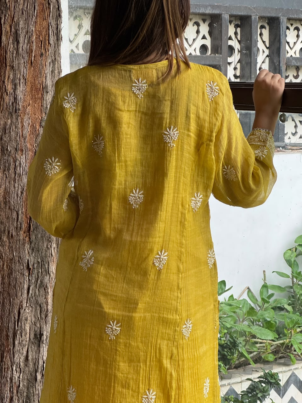 Yellow Tissue Silk Chikankari Straight Cut Kurta Dupatta Set
