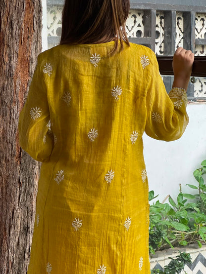 Yellow Tissue Silk Chikankari Straight Cut Kurta Dupatta Set