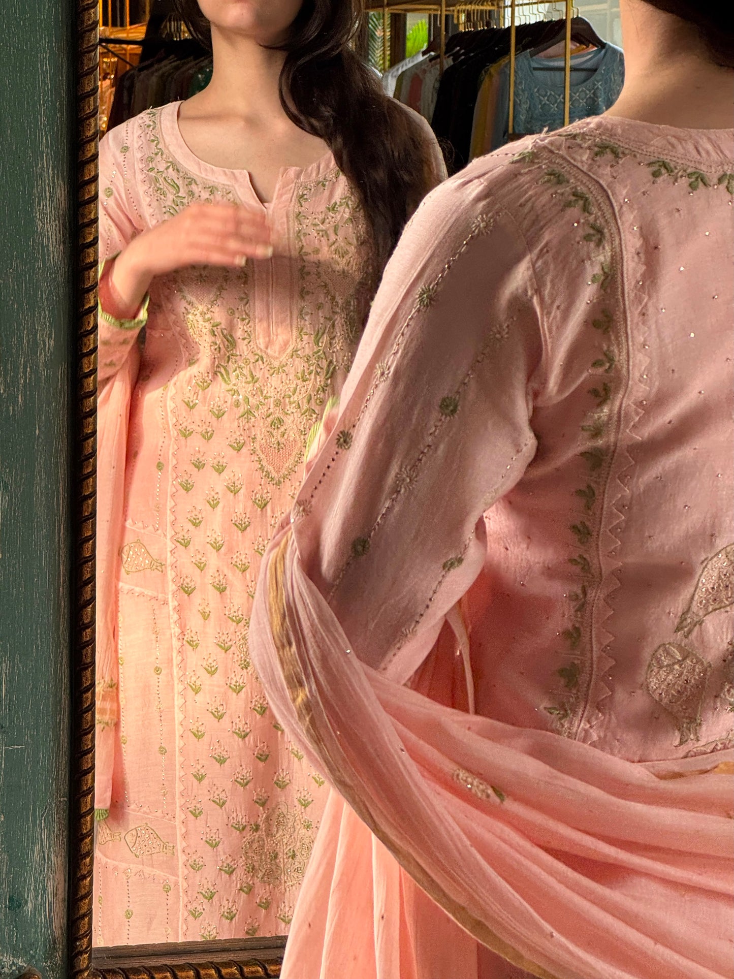 Applique Mahi Motif Soft Pink Mal Chanderi Chikankari Kurta Set
