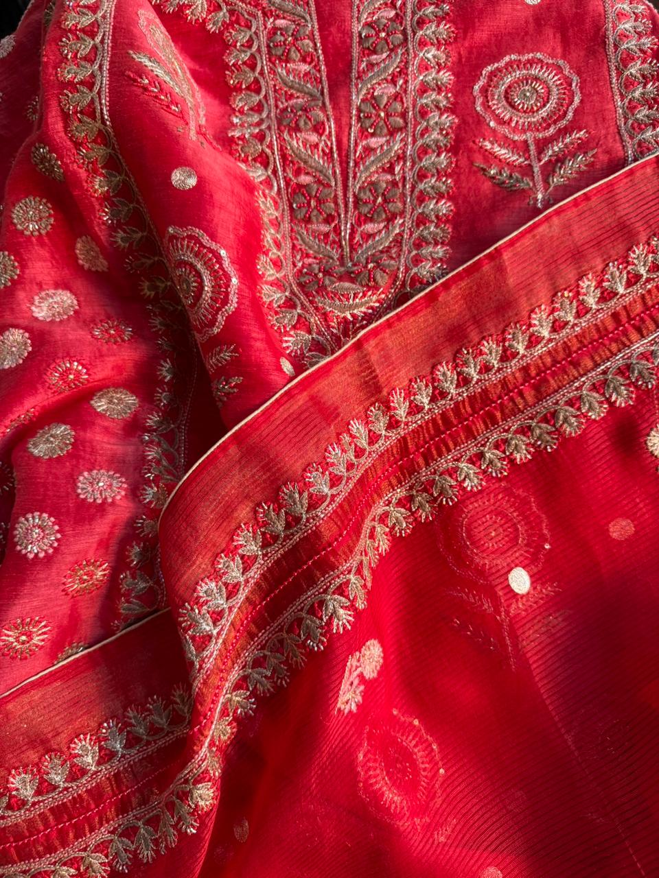 Brick Red Linen Silk Chikankari With Ari Work Unstitched Kurta Dupatta Set
