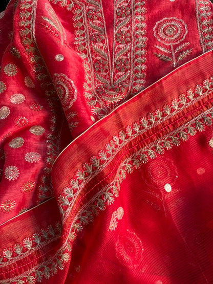 Brick Red Linen Silk Chikankari With Ari Work Unstitched Kurta Dupatta Set