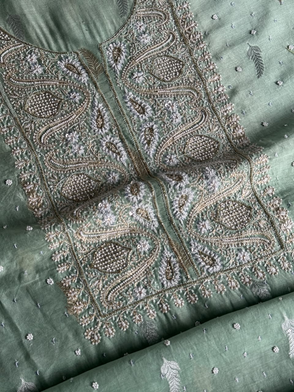 Mint Green Shade Banarasi Zari Chanderi Unstitched Chikankari Fabric