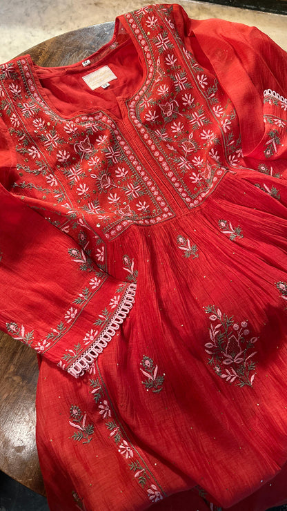 Saman Tomato Red | Malmal Mukaish Kamdani Chikankari Stitched Kurta Dupatta Set