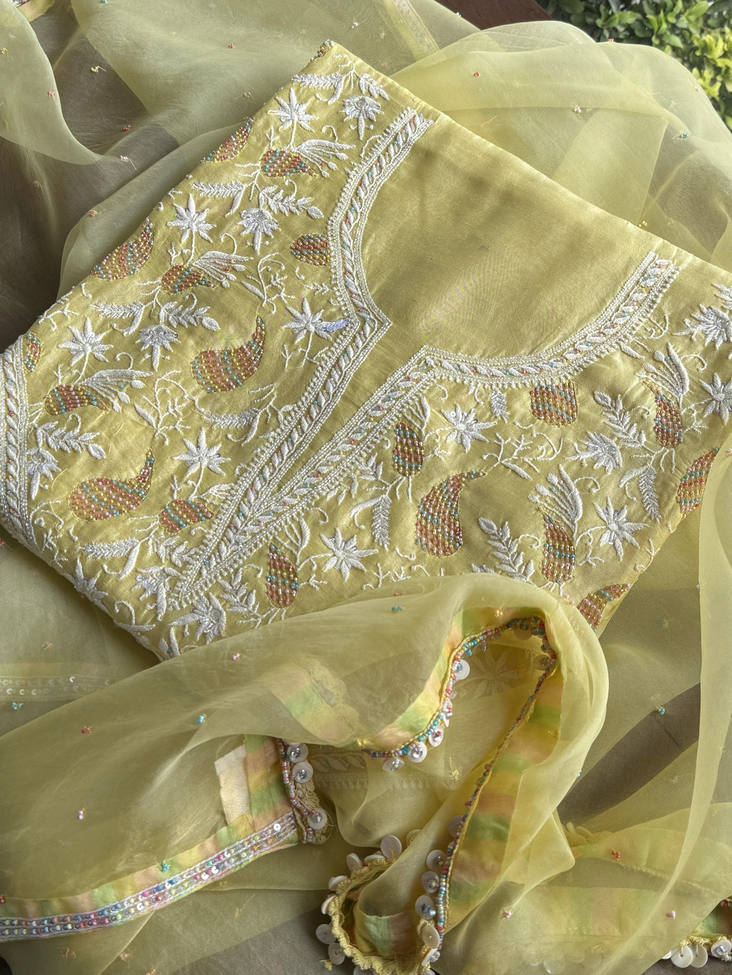 Butter Yellow Mul Chikankari Unstitched Kurta Set