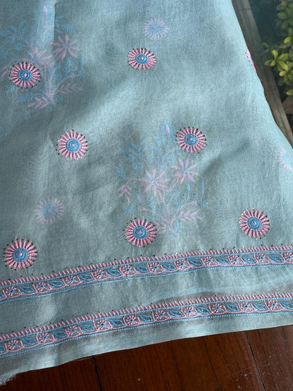 Blue Multi Shade Organza Silk Chikankari Unstitched Fabric
