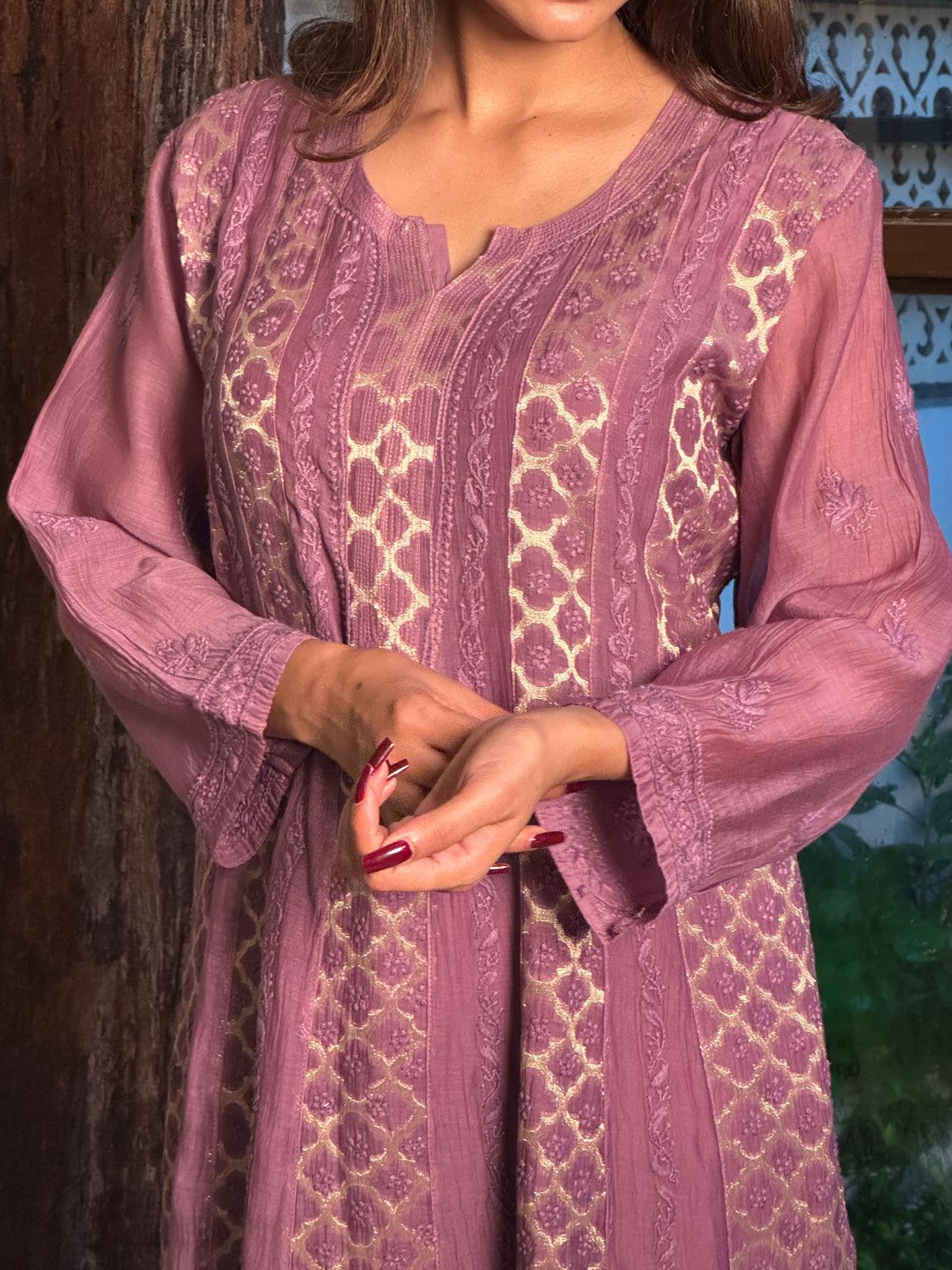 Purple Zari Chanderi Chikankari A Line Kurta with Slip
