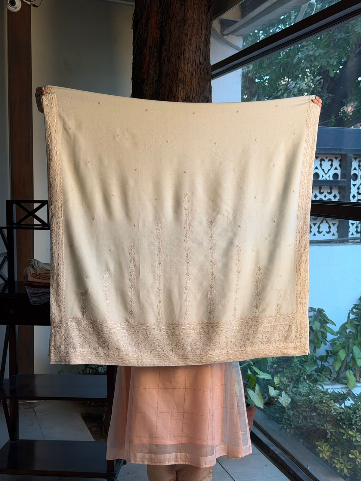 Natural Beige Shade Saman Pashmina Resham Thread Chikankari Shawl