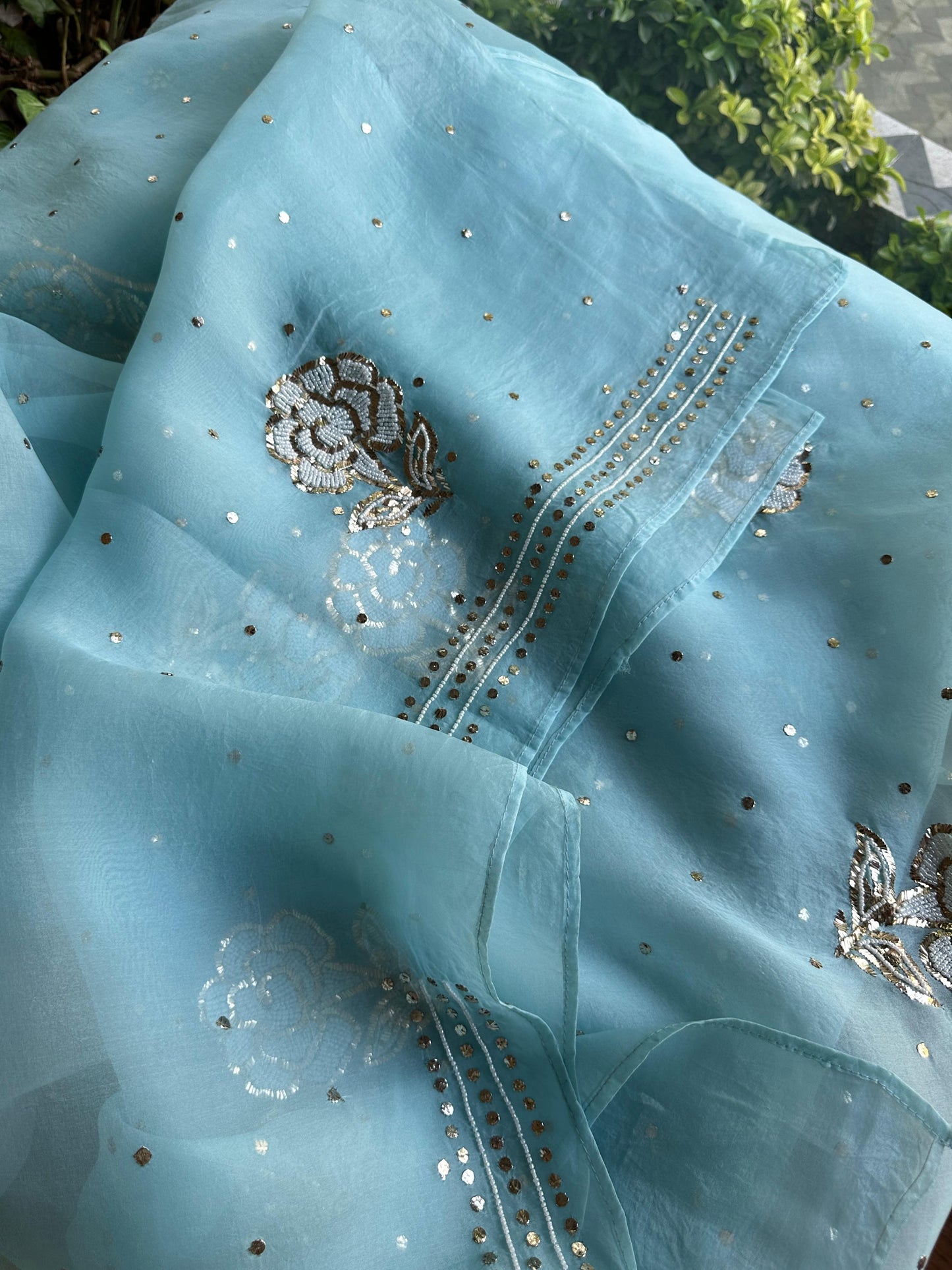 Blue Noor Organza Silk Mukaish Pearl Chikankari Unstitched Fabric