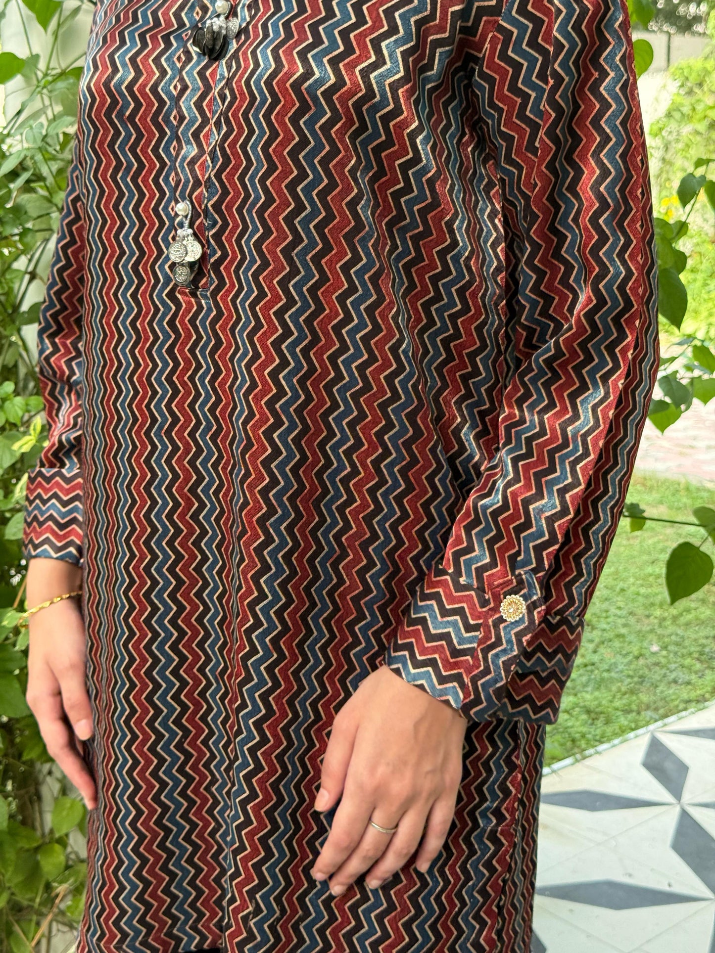 Ajrak Multi Shade Mashru Silk, Short Kurta