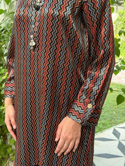 Ajrak Multi Shade Mashru Silk, Short Kurta
