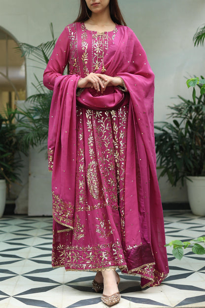 Plum Pink Shade Heavy Mukaish Badla Anarkali Suit Set