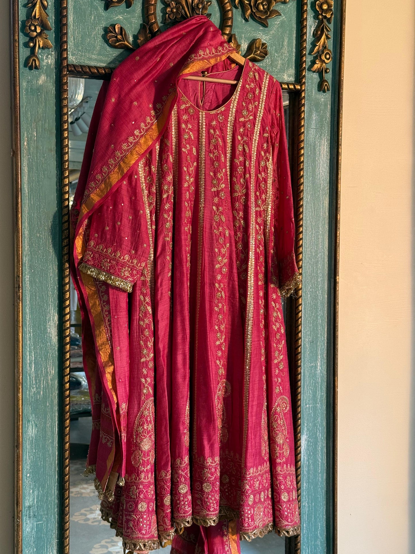 Roheen Pink Moonga Silk Chikankari Anarkali With Dupatta