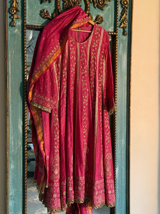 Roheen Pink Moonga Silk Chikankari Anarkali With Dupatta