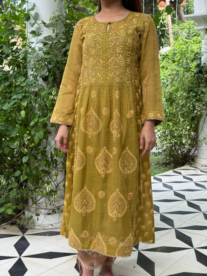 Fern Green Tissue Silk Chikankari Kalidar Kurta Dupatta Set