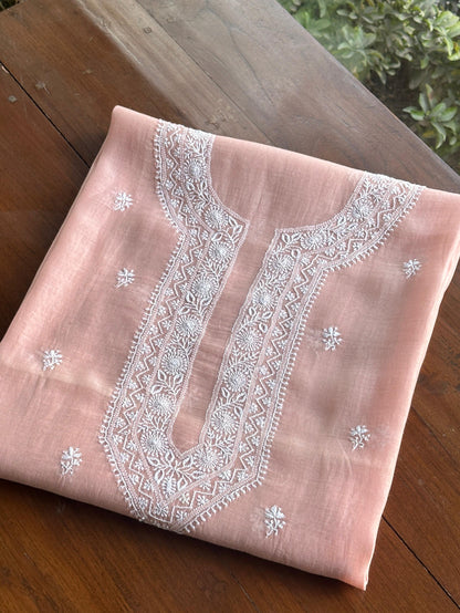 Pastel Peach Mulmul Chikankari Unstitched Men's Kurtas Fabric