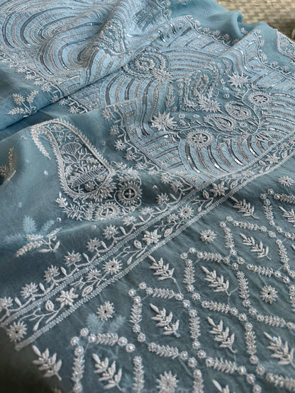 Powder Blue Noor Organza Banarasi Silk Chikankari Unstitched Kurta Dupatta Set