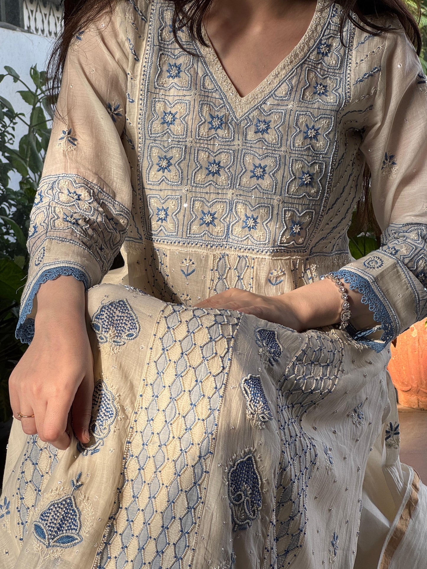 Indigo & Off White Shade Malmal Zari Pearl Work Chikankari Kalidar Kurta Set